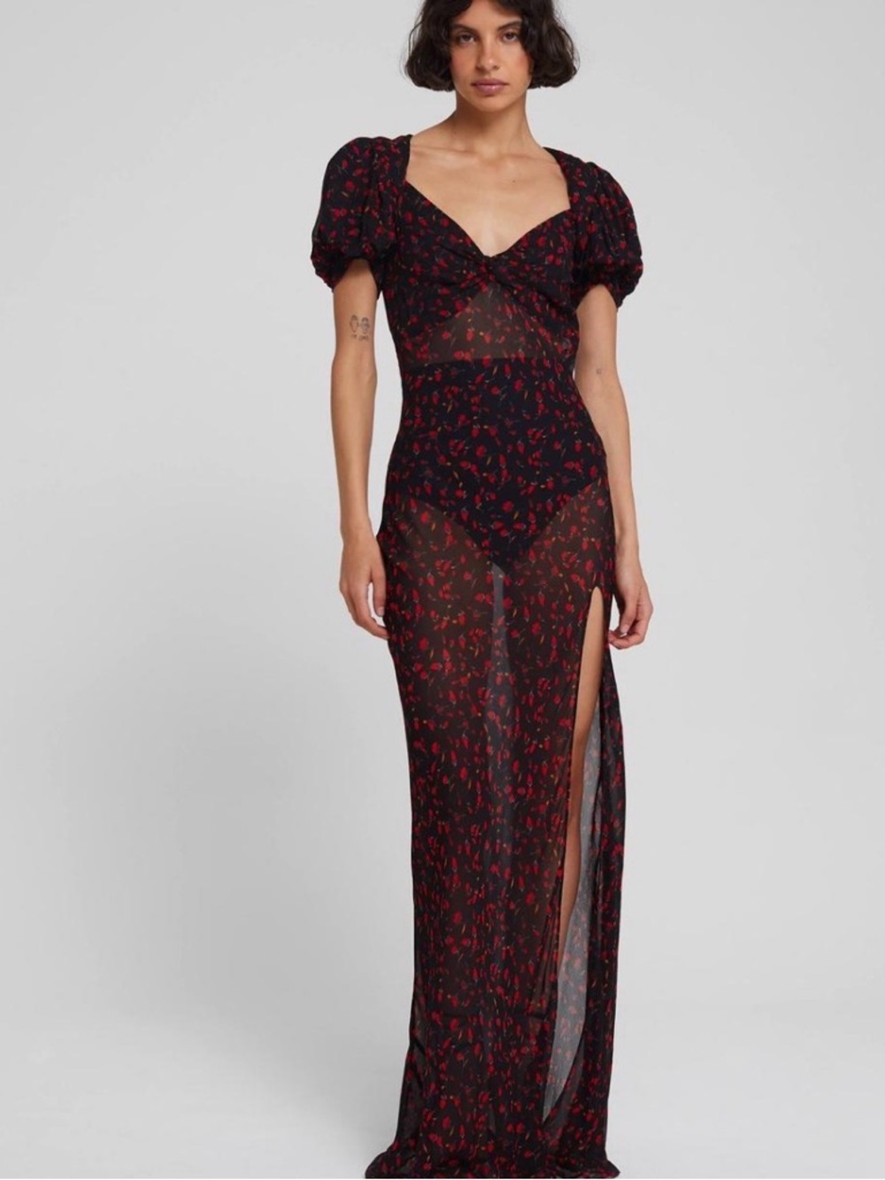 Rat & Boa Black Sheer Maxi Dress with Red Floral Print and High Slit
